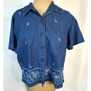 Erika & Co. Women's Vtg Embroidered Denim Short Sleeve Shirt Size Large